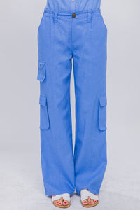 Blue Linen Parachute Pants With Side Pockets