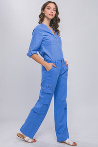 Blue Linen Parachute Pants With Side Pockets