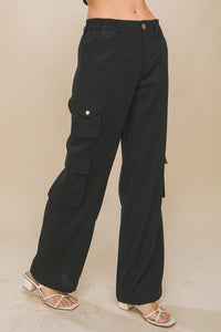 Black Linen Parachute Pants With Side Pockets