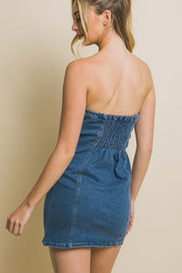 Blue Denim Tube Sleeveless Button Short Dress