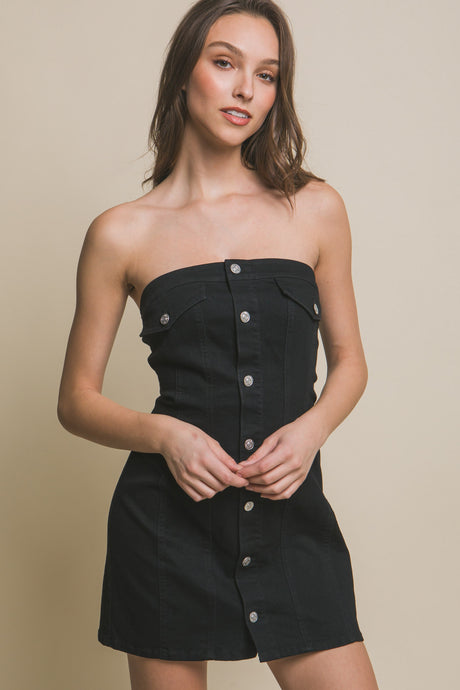 Black Denim Tube Sleeveless Button Short Dress