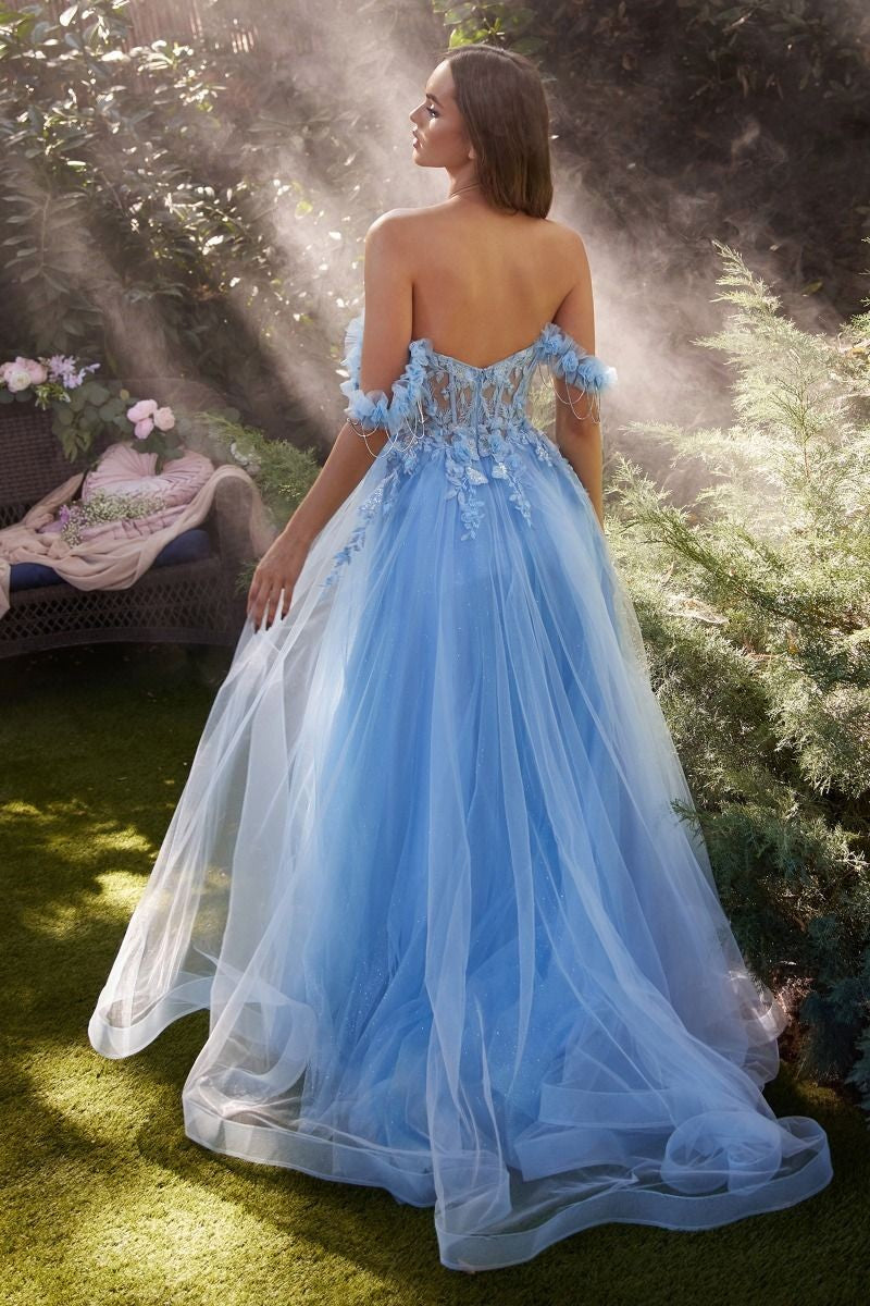 open lace back dress Paris Blue Off The Shoulder A-Line Gown – Aquarius Brand