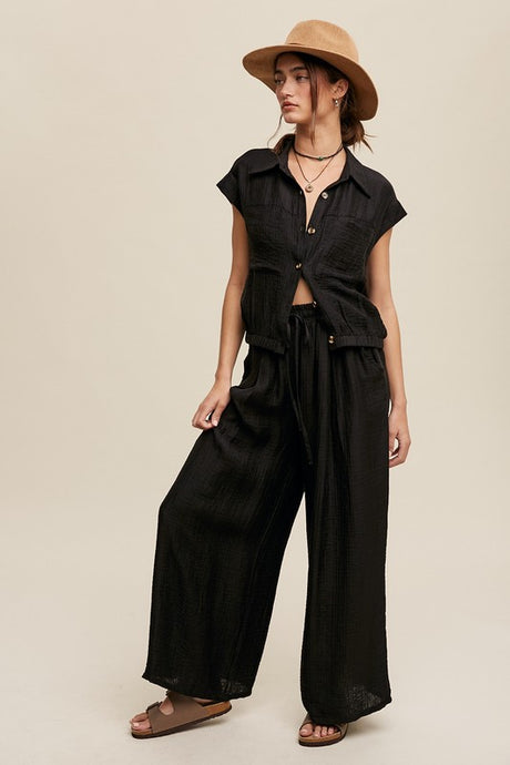 Black Button Down Top And Pleated Wide Leg Pants Set