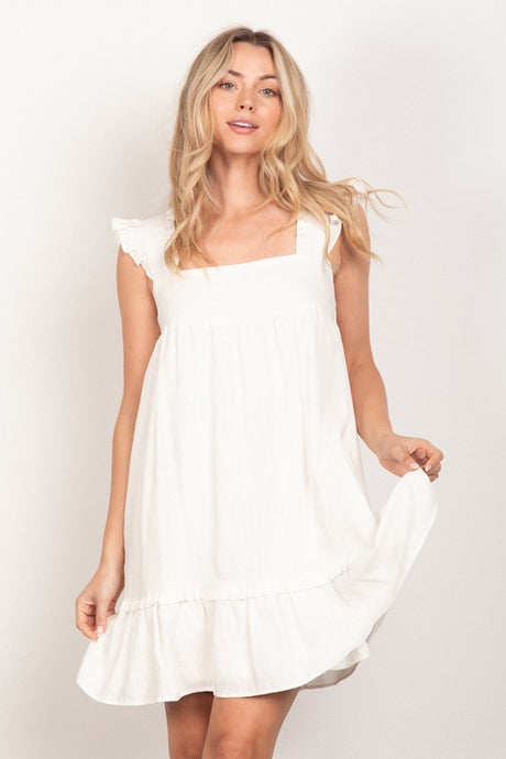 White Ruffled Solid Linen Backless Mini Dress