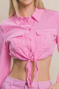 Pink Long Sleeve Cropped Top with Front Tie Design