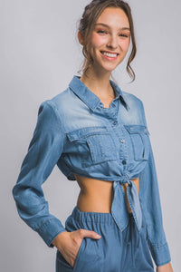 Blue Long Sleeve Cropped Top with Front Tie Design