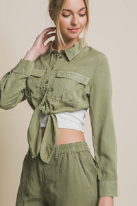 Lt.Olive Long Sleeve Cropped Top with Front Tie Design
