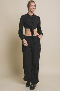 Black Long Sleeve Cropped Top with Front Tie Design