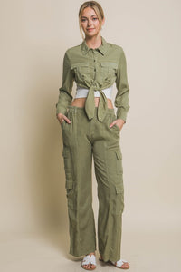 Lt.Olive Long Sleeve Cropped Top with Front Tie Design