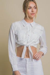 White Long Sleeve Cropped Top with Front Tie Design