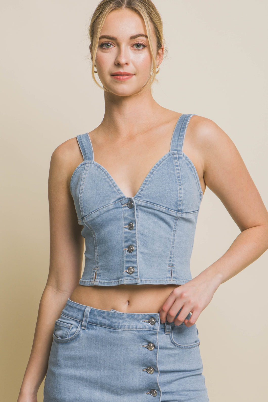 Lt.Blue Denim Cropped Vest Top with Buttons
