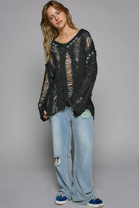 Black Stitch Detail Long Sleeve Distressed Sweater
