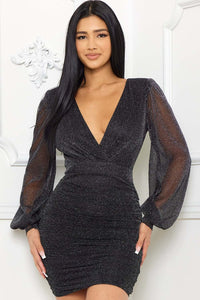 Black Shimmer Mesh Shirring On The Side Mini Dress