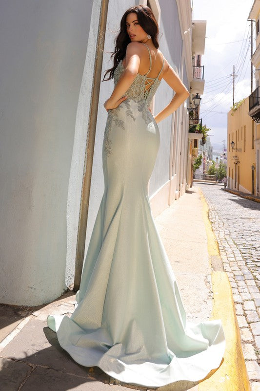 green emerald velvet dress Zapaka Women Sparkly Green Long Prom Dress with Slit Mermaid Spaghetti Straps Beaded Evening Dress, Sage / US6 main image 1