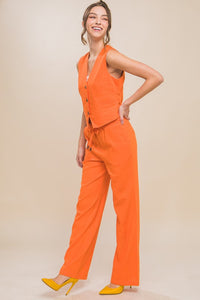 Orange Linen Drawstring Waist Long Pants with Pockets