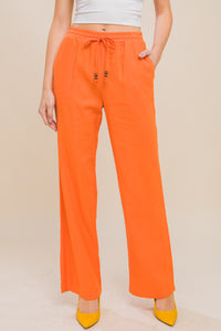 Orange Linen Drawstring Waist Long Pants with Pockets