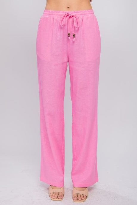 Pink Linen Drawstring Waist Long Pants with Pockets