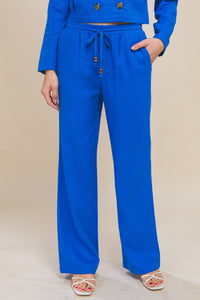 Cobalt Linen Drawstring Waist Long Pants with Pockets