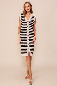 Cream/Black Crochet Striped Button-Down Dress