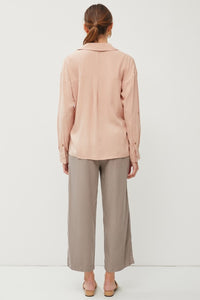 Dusty Peach V-Neck Tie Front Roll Up Sleeve Shirt