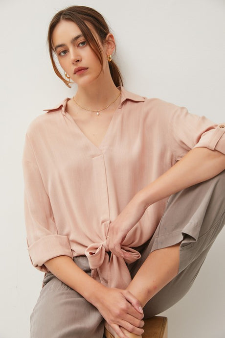Dusty Peach V-Neck Tie Front Roll Up Sleeve Shirt
