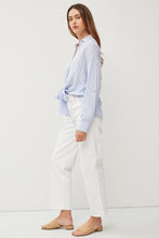 Pale Blue V-Neck Tie Front Roll Up Sleeve Shirt