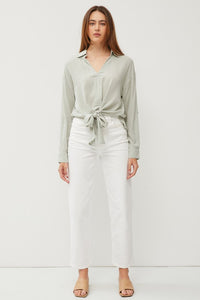 Dusty Sage V-Neck Tie Front Roll Up Sleeve Shirt
