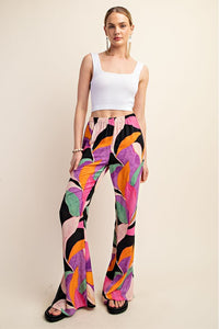 Black Printed Wide Leg Pants With Flared Slits