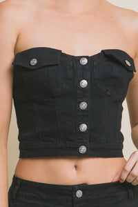 Black Denim Strapless Button Vest Top