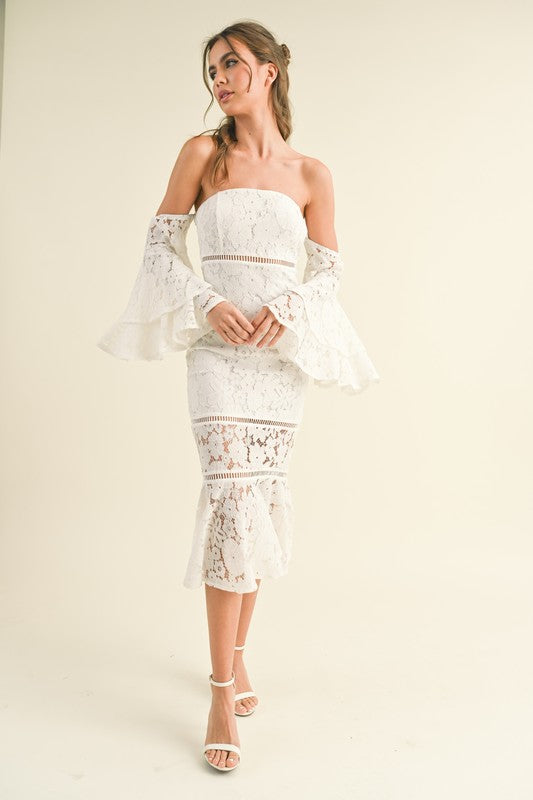 white off the shoulder dress with bell sleeves White Off Shoulder Bell Sleeve Lace Ruffled Midi Dress – Aquarius Brand
