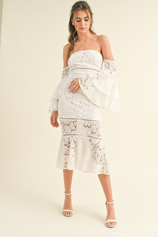off the shoulder bell sleeve midi dress White Off Shoulder Bell Sleeve Lace Ruffled Midi Dress – Aquarius Brand