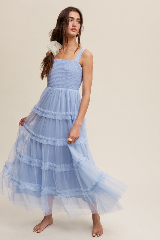 tiered mesh maxi dress Slate Blue Frilly Ruffle Tiered Mesh Maxi Dress – Aquarius Brand