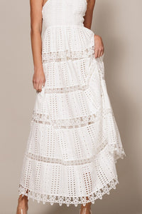 Off White Smocked Tiered Open Back Maxi Dress
