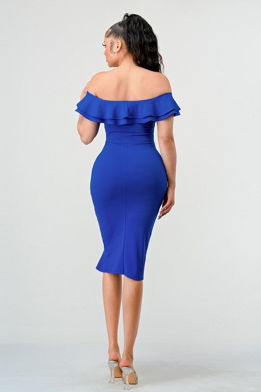 Royalblue Off Shoulder Ruffle Trim Bodycon Dress – Aquarius Brand