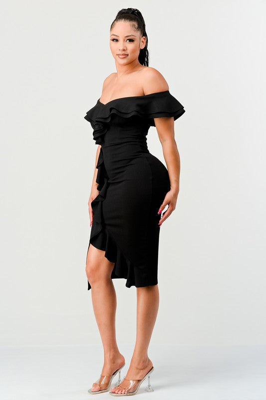 Black Off Shoulder Ruffle Trim Bodycon Dress – Aquarius Brand