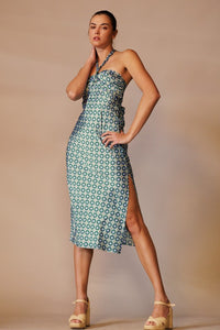 Blue/Lime Printed Satin Halter Midi Dress With Side Slit