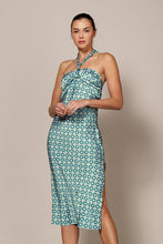 Blue/Lime Printed Satin Halter Midi Dress With Side Slit