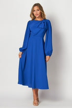 Royal Solid Long Sleeve Midi Dress With Neck Detail