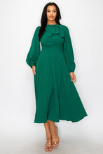 Kelly Green Solid Long Sleeve Midi Dress With Neck Detail