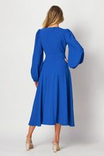 Royal Solid Long Sleeve Midi Dress With Neck Detail