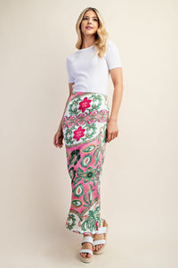 Fuchsia Colorful Printed Satin Midi Skirt