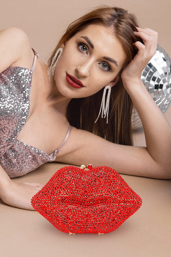 Red Crystal Rhinestone Lips Clutch Bag