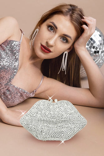 Silver Crystal Rhinestone Lips Clutch Bag