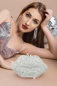 Silver Crystal Rhinestone Lips Clutch Bag