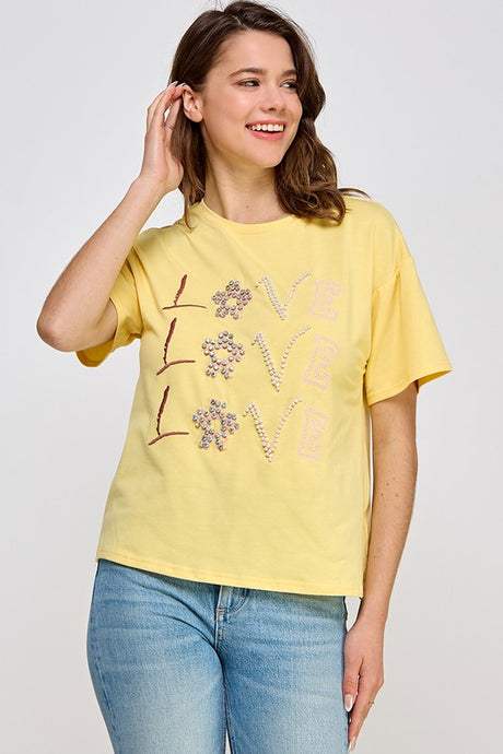 Yellow Rhinestone Detail Graphic T Shirt