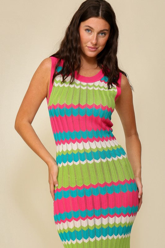 Fuchsia/Lime Combo Multicolored Chevron Bodycon Midi Knit Dress Aquarius Brand Fuchsia/Lime Combo Multicolored Chevron Bodycon Midi Knit Dress Aquarius Brand
