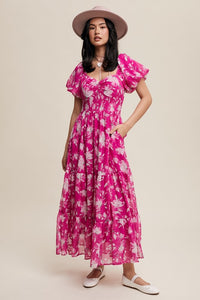 Fuchsia Pink Flower Print Ruched Swetheart Maxi Dress