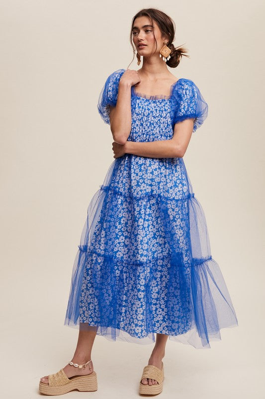 knee length dresses for ladies Bright Blue Floral Print And Mesh Puff Sleeve Maxi Dress – Aquarius Brand