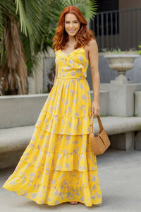 Yellow Print Chiffon Maxi Dress