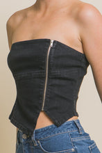 Black Denim Strapless Zipper Vest Top with Smocked Back
